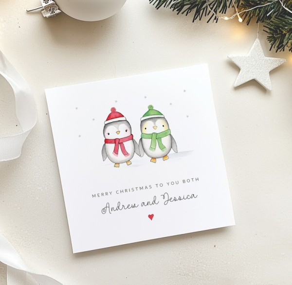 Personalised Couple Christmas card - Penguins